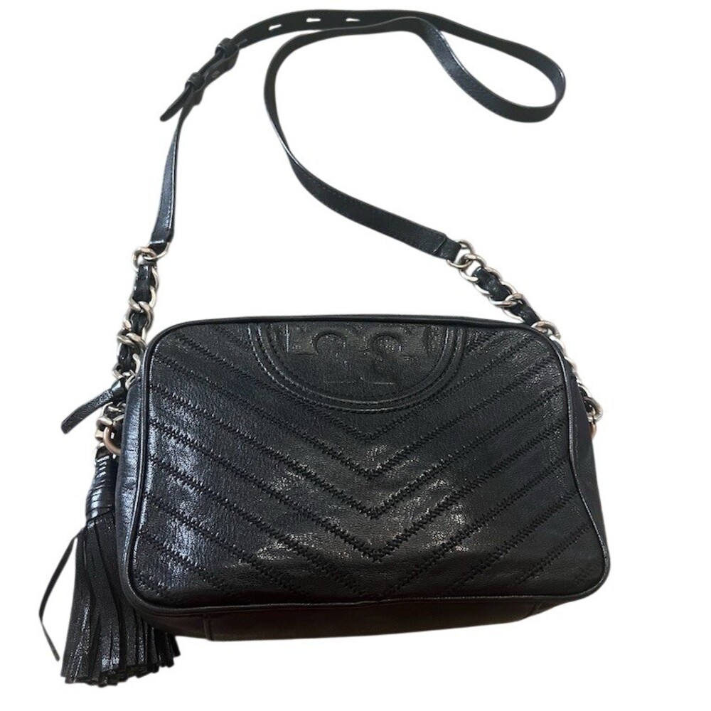 Tory Burch Fleming Chevron Camera Bag Womens Small Black Crossbody Tassel